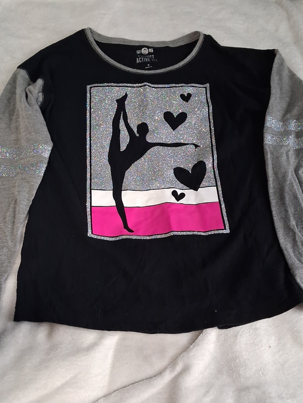 SO Black & Gray Long Sleeve Tee with Pink Accent and Glitter Graphic
